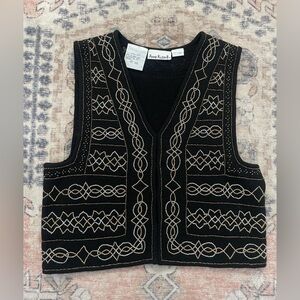 Vintage Anne Klein Black Metallic Beaded Wool Boho Western Sweater Vest Women S